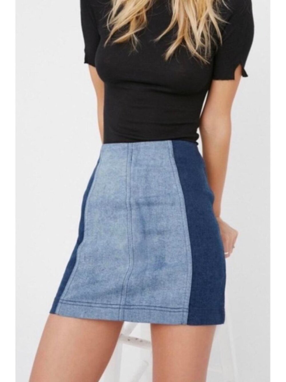 Free People Modern Femme Color Block Denim Mini Skirt Blue Zip Size 6